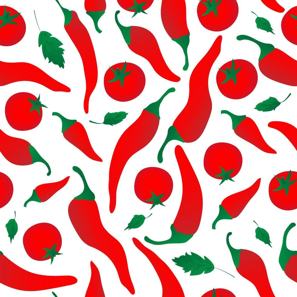 Seamless pattern with red chili pepper and tomato on white background. Design for fabric, kitchen decor, wallpaper packaging paper. vector