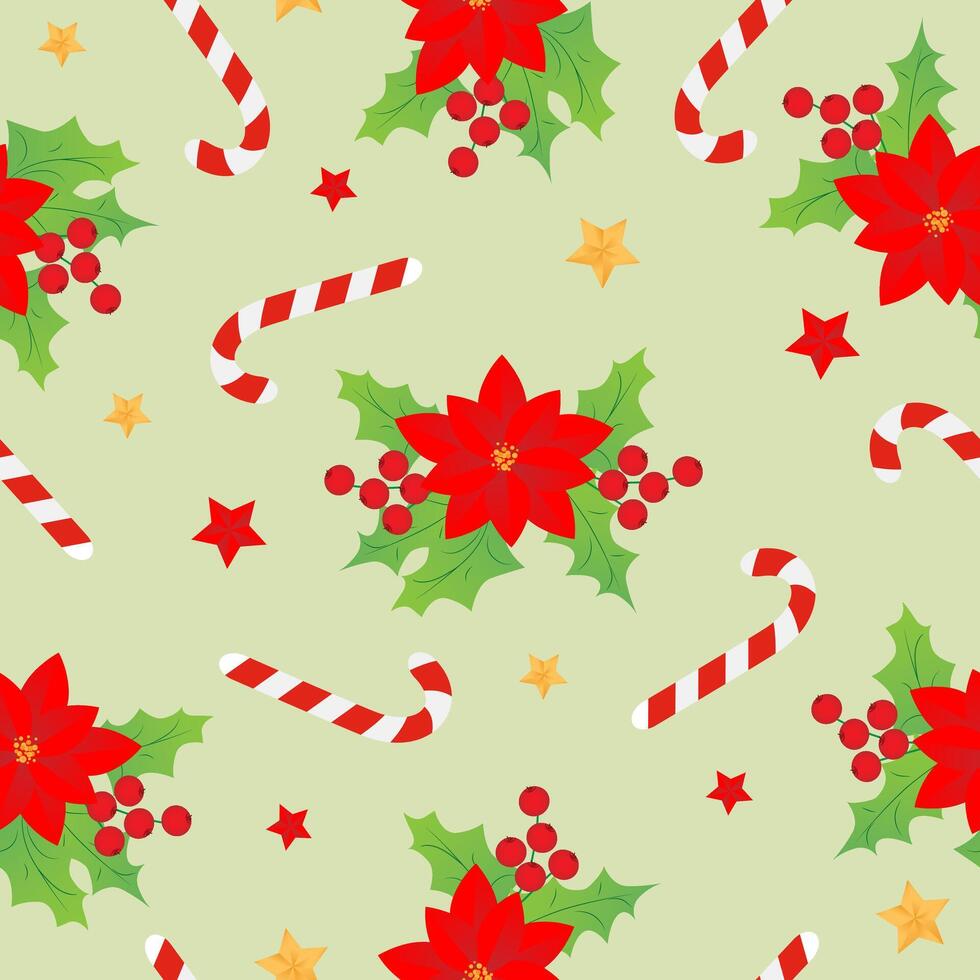 Seamless pattern with red christmas stars, caramel cane, Christmas star, holly on green background. Design for fashion, fabric, textile, packaging paper. vector