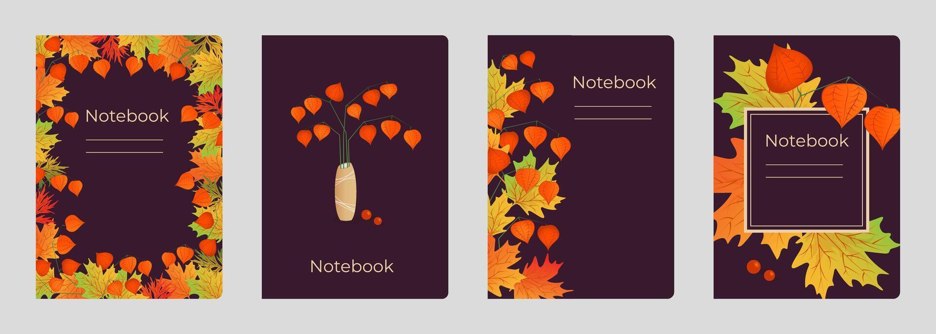 Set of cover designs for notebook, notepad, book, catalog with autumn maple leaves and physalis. Template of vertical format A4, A5. vector