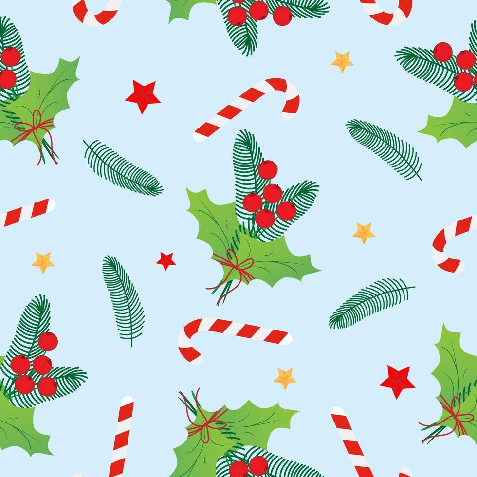 Seamless pattern with red christmas stars, caramel cane, Christmas star, holly on blue background. Design for fashion, fabric, textile, packaging paper. vector