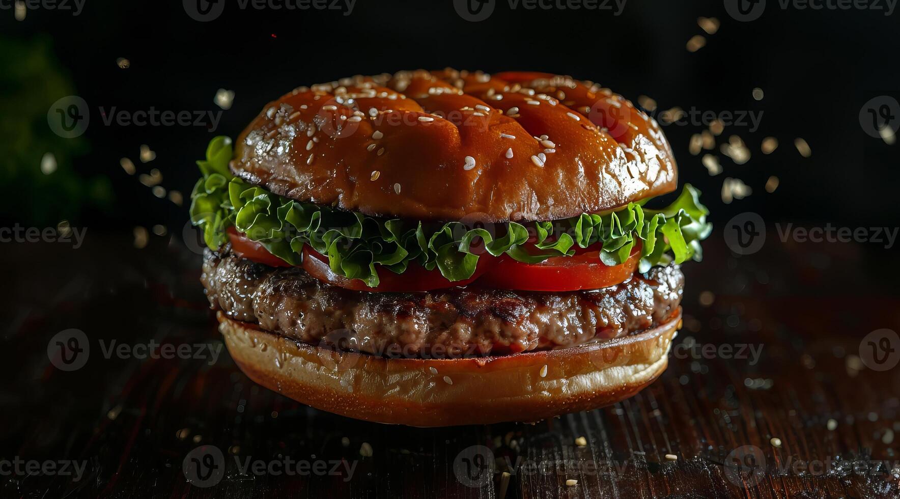 Yummy Burger with Dynamic Particles on Background. Fast Food Advertising Concept. photo