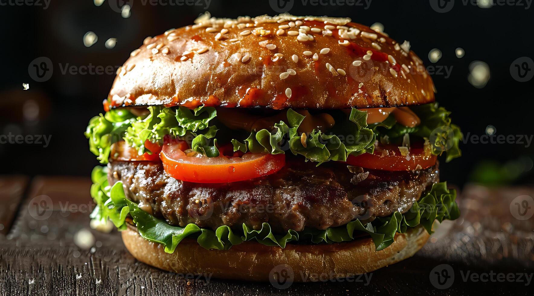 Yummy Burger with Dynamic Particles on Background. Fast Food Advertising Concept. photo