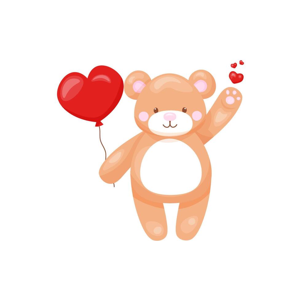 Cute teddy bear with a heart-shaped balloon in his hand. Valentine's Day Element. Stock isolated clipart on a white background. For flyer, sticker, card, logo, symbol. vector