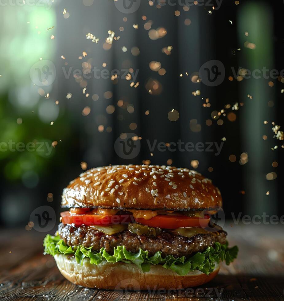 Yummy Burger with Dynamic Particles on Background. Fast Food Advertising Concept. photo