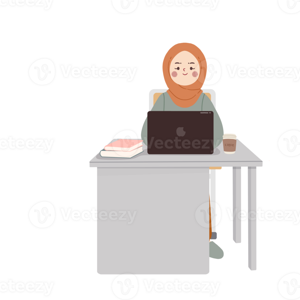 Muslim women are working or studying sitting in front of the computer png