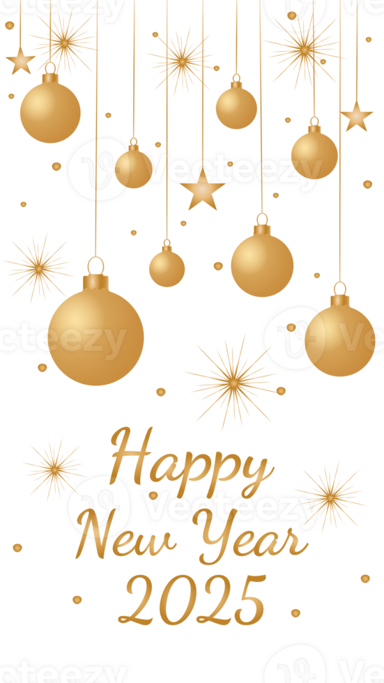 Greeting New Year card 2025. New Year card with golden balls, fireworks and stars png