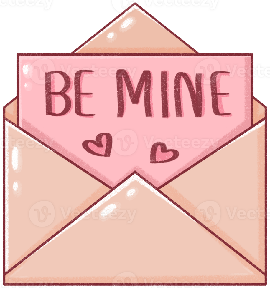 Hand-Drawn Pink Love Envelope with 'Be Mine' Text, Hearts Decoration, Transparent Background - Valentine's Day and Wedding Design png