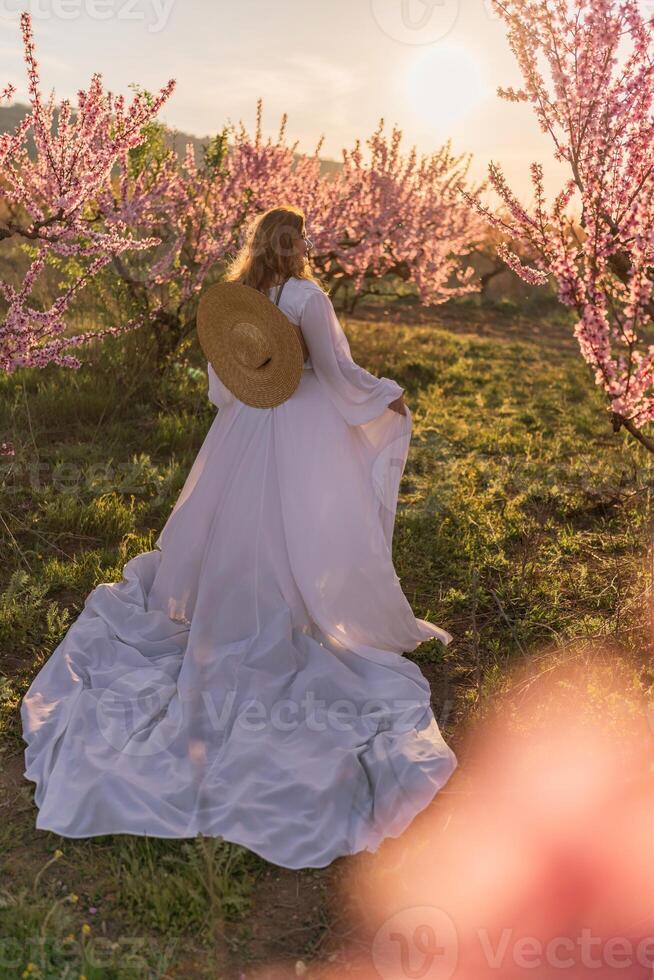 Woman blooming peach orchard. Against the backdrop of a picturesque peach orchard, a woman in a long white dress and hat enjoys a peaceful walk in the park, surrounded by the beauty of nature. photo