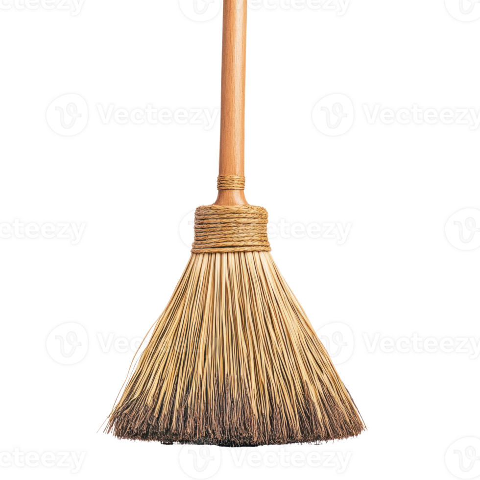 Traditional Straw Broom with Wooden Handle, Eco-Friendly Handmade Rustic Sweeping Tool on Transparent Background png