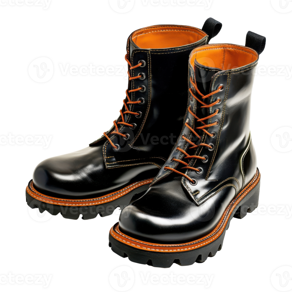 Shiny Black Leather Combat Boots with Lace-Up Design and Thick Soles, Stylish Rugged Footwear for Men and Women on Transparent Background png