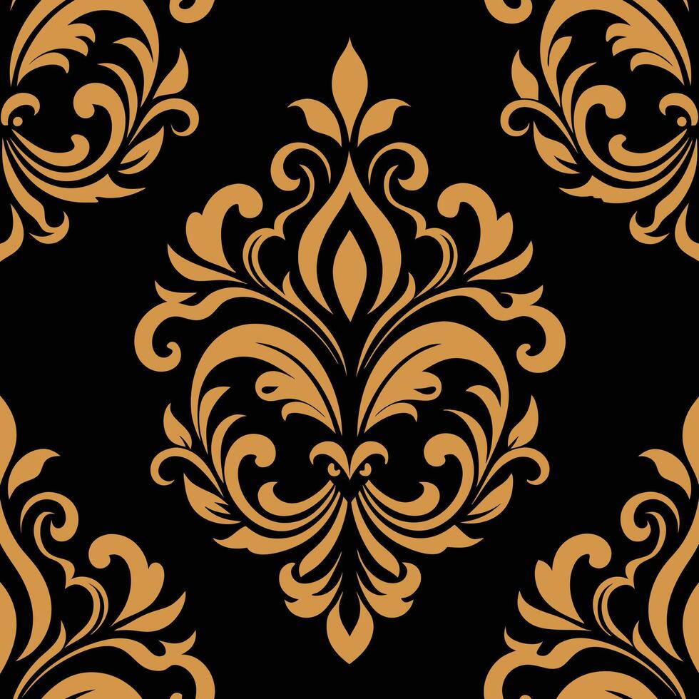 Golden damask pattern on black background vector