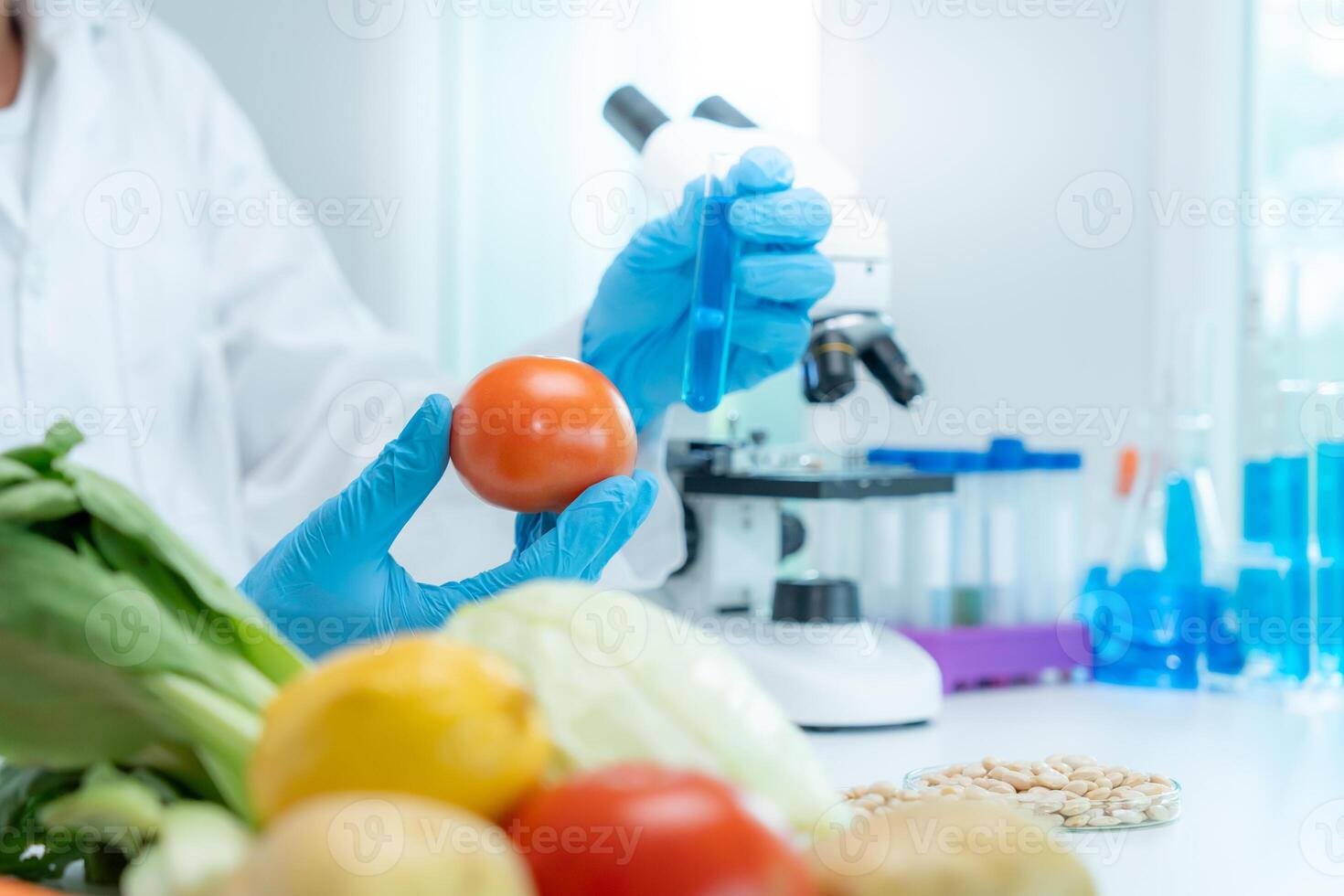 Scientist check chemical food residues in laboratory. Control experts inspect quality of fruits, vegetables. lab, hazards, ROHs, find prohibited substances, contaminate, Microscope, Microbiologist photo