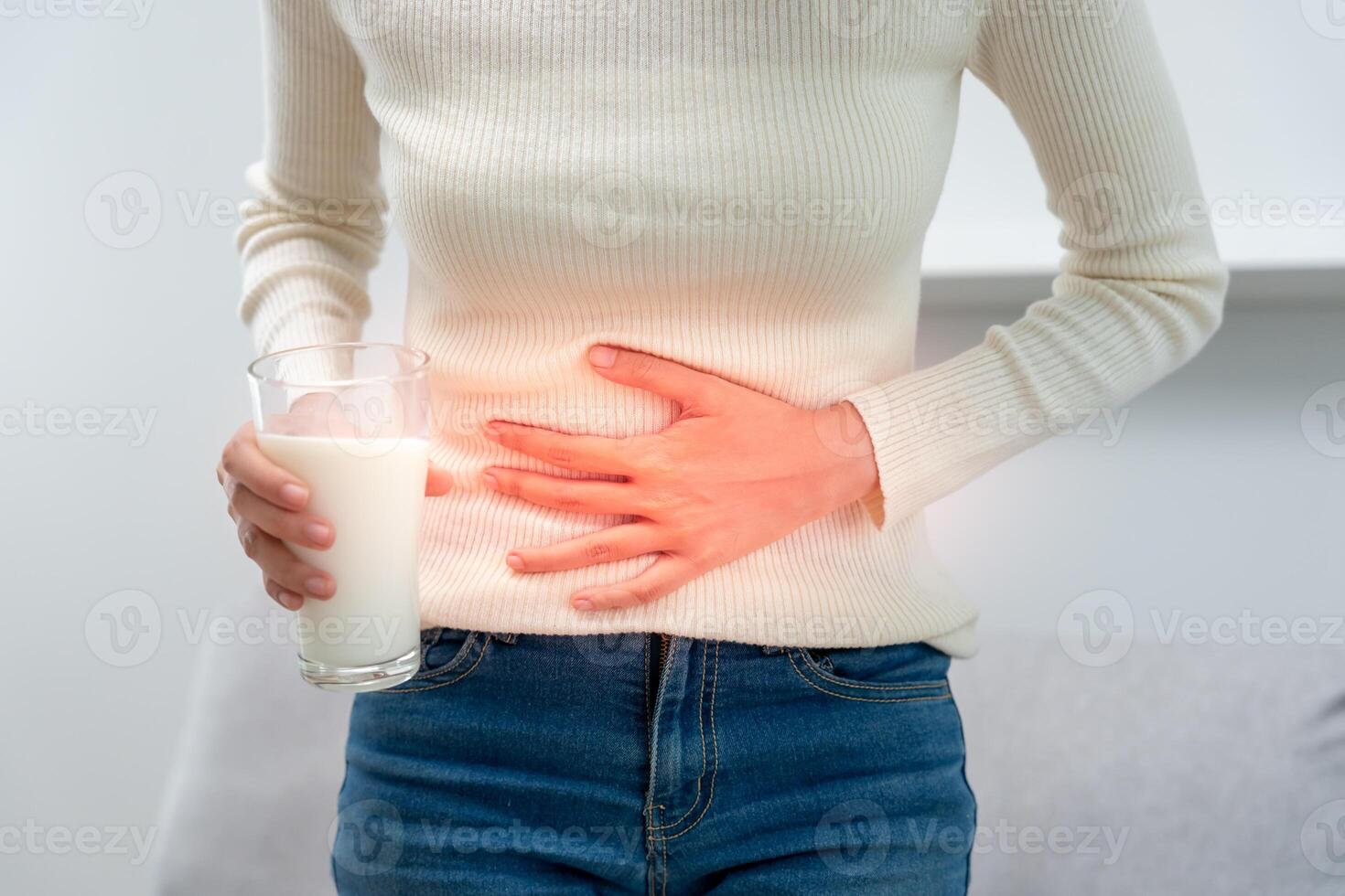 Milk allergens, Sick sad unhealthy ill allergic woman, runny stuffy sore nose suffer from intolerance allergy trigger symptoms. abdominal pain, allergens, nut protein, rash, death, food allergy photo