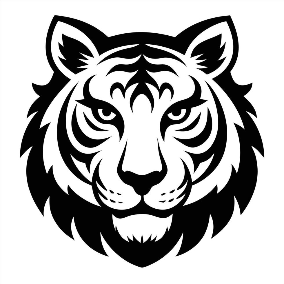 A tiger head is shown in black and white vector