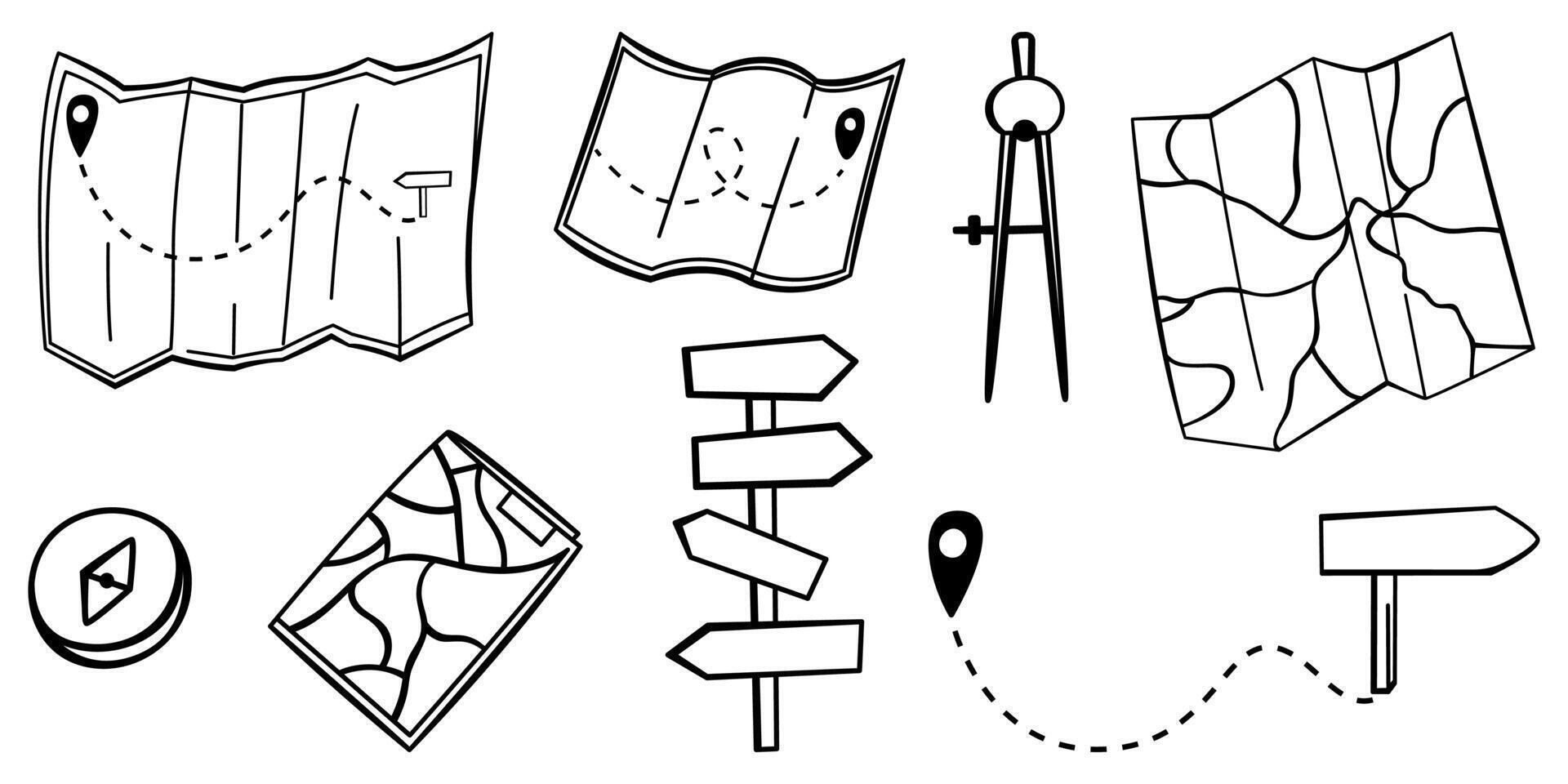 Hand drawn camping navigation. Folded Paper Maps with a Route. Map for Camping, Hiking, Local Tourism. vector