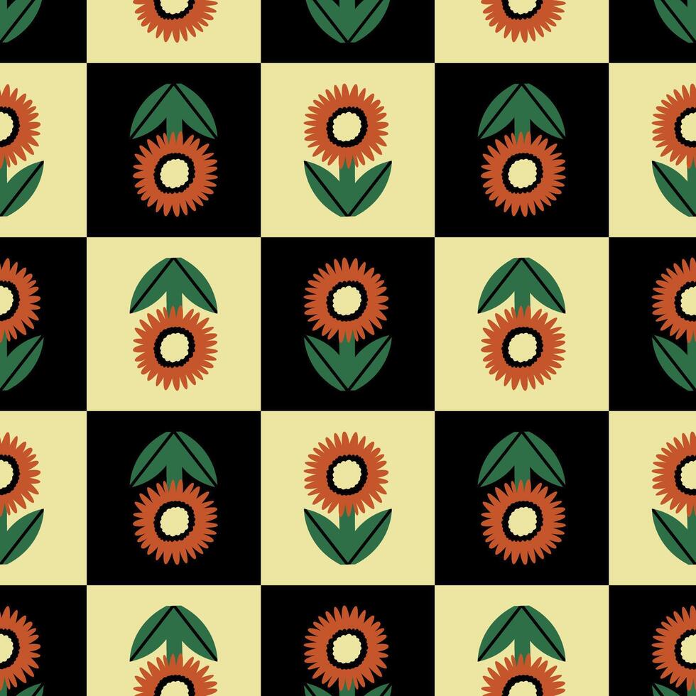 Flowers on Checkered Background. Seamless Pattern. Modern Style Graphic. Perfect for a Social Media Post, Poster, Cover, Fabric vector
