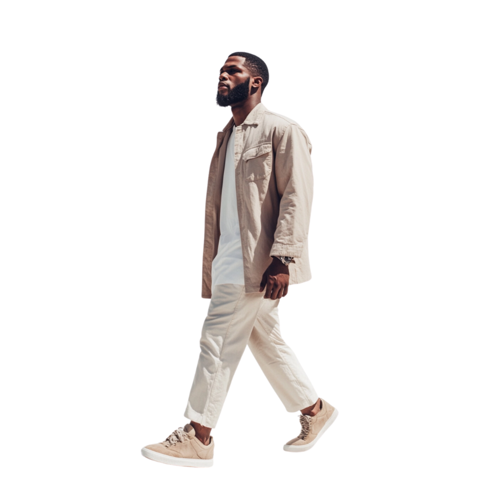 A man walking in a tan suit and white sneakers png