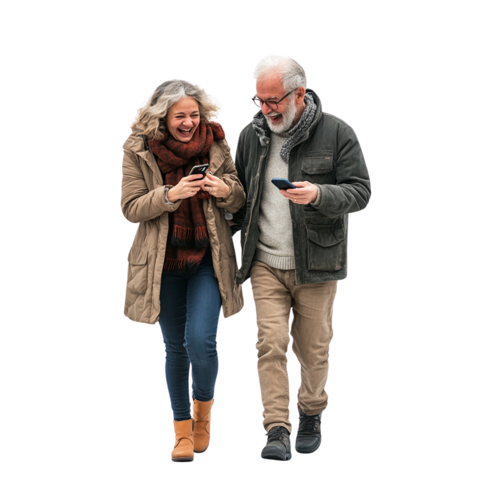 An older couple walking together while using their cell phones png