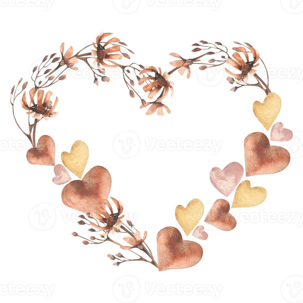 Valentine's heart shape frame with field monochrome mocha mousse and beige flowers with watercolor abstract hearts. Isolated banner for romantic and lovers greeting card, invitation, poster web design png