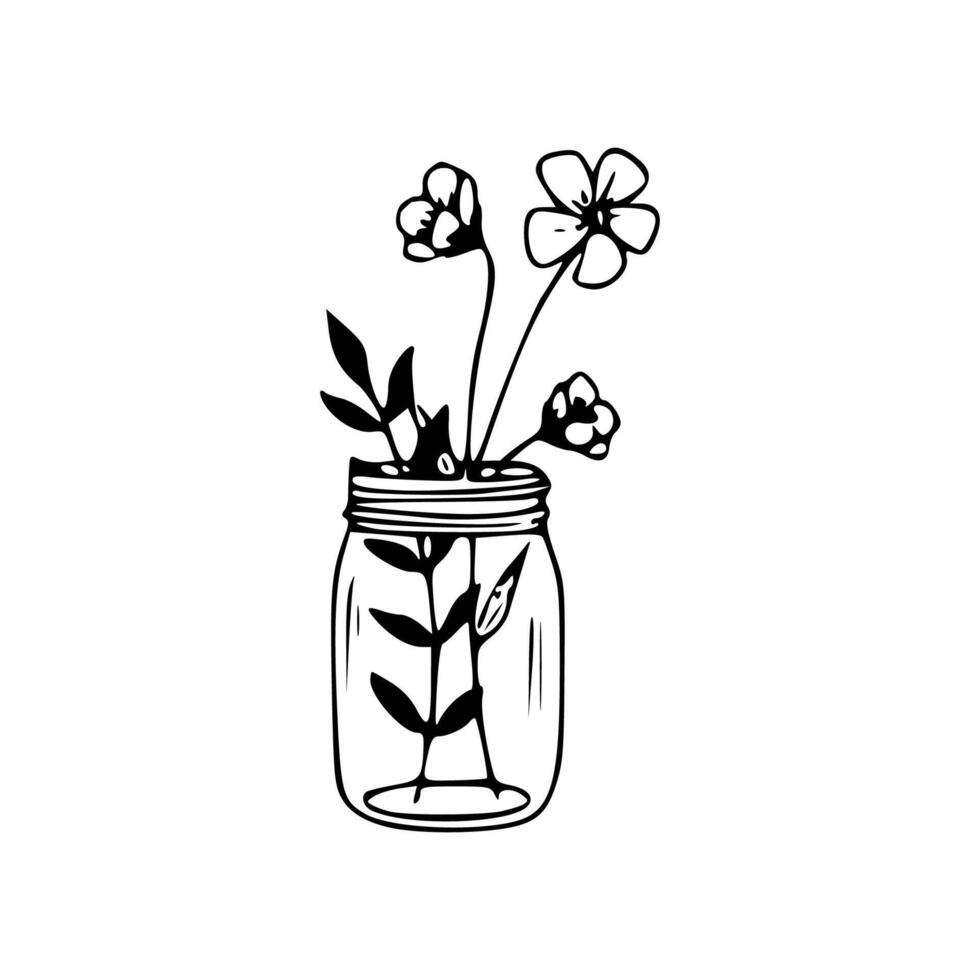 A black and white drawing of a jar with flowers vector