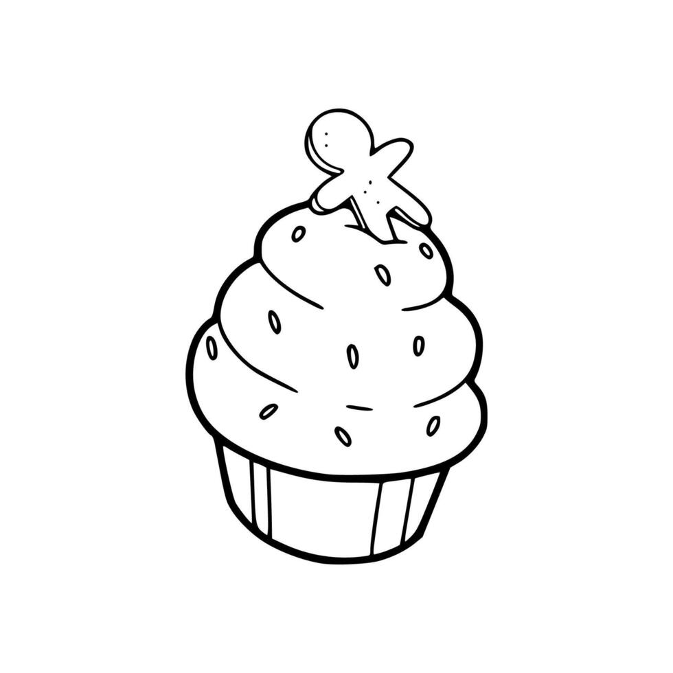 A cupcake with a gingerbread man on top coloring page vector