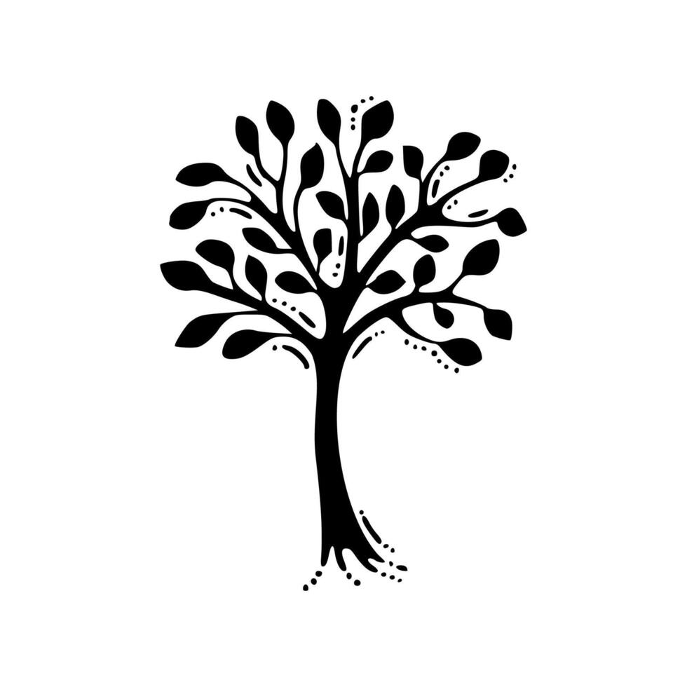 A black and white illustration of a tree with leaves vector