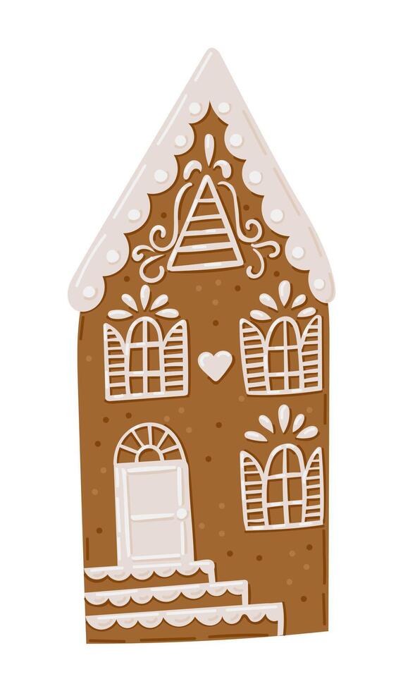 Illustration of detailed gingerbread house with white icing decorations and heart shaped accents vector