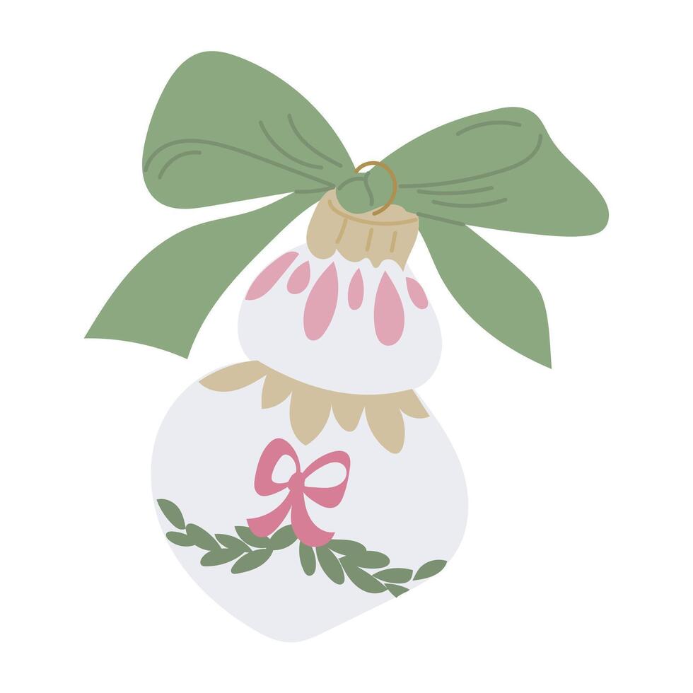 Festive Christmas ornament illustration with white bauble with pink and green details, green bow, and delicate decorative elements vector