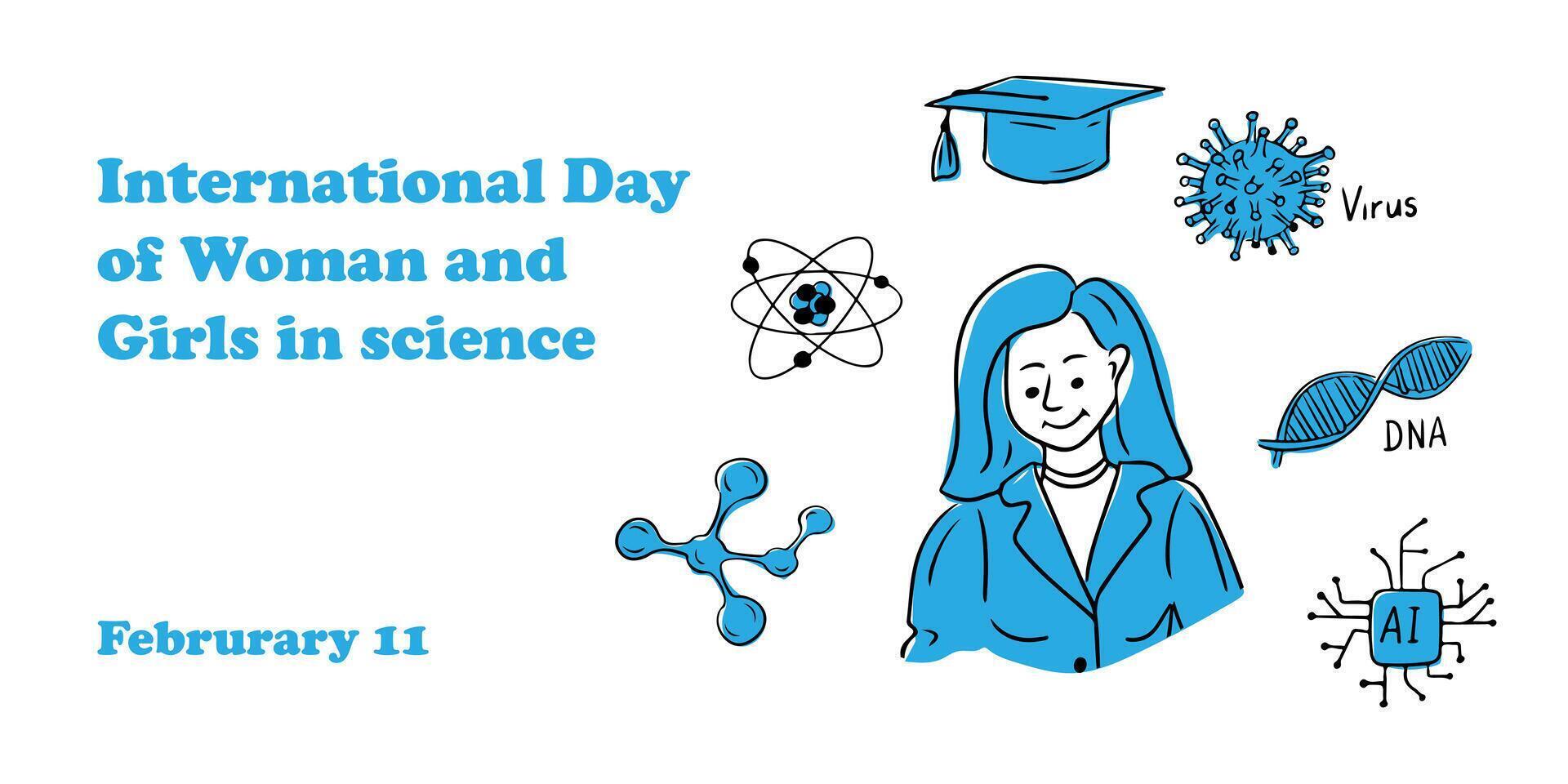 Banner for International Day of Women and Girls in Science with scientific symbols and female scientist isolated on white background vector