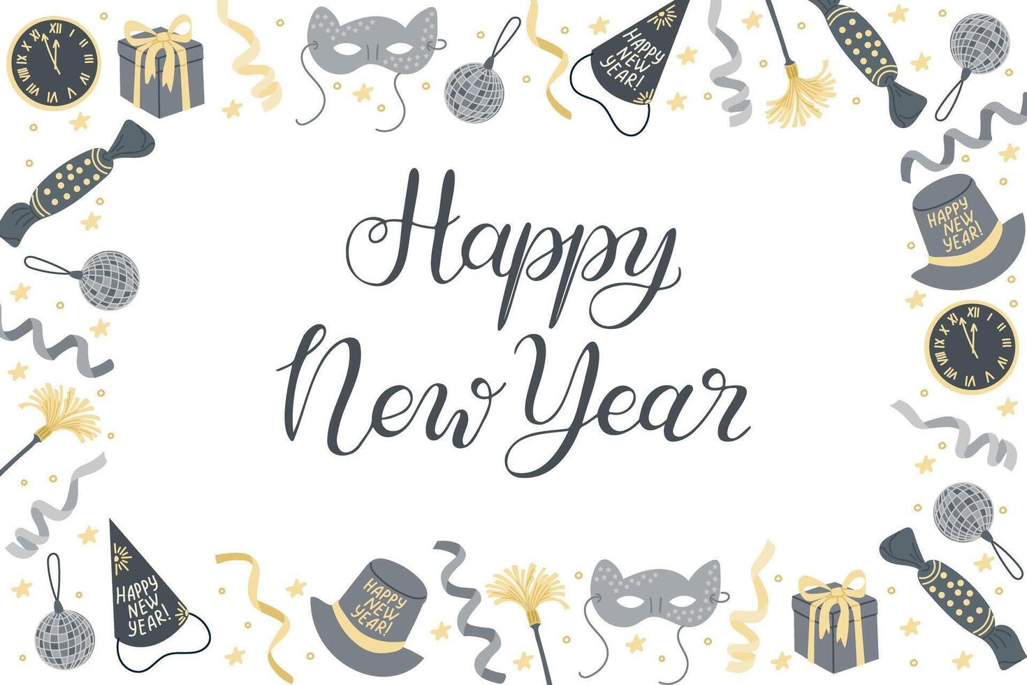 Festive Happy New Year background with party decorations like masks, clocks, gifts, hats, and confetti in gold and gray tones. vector