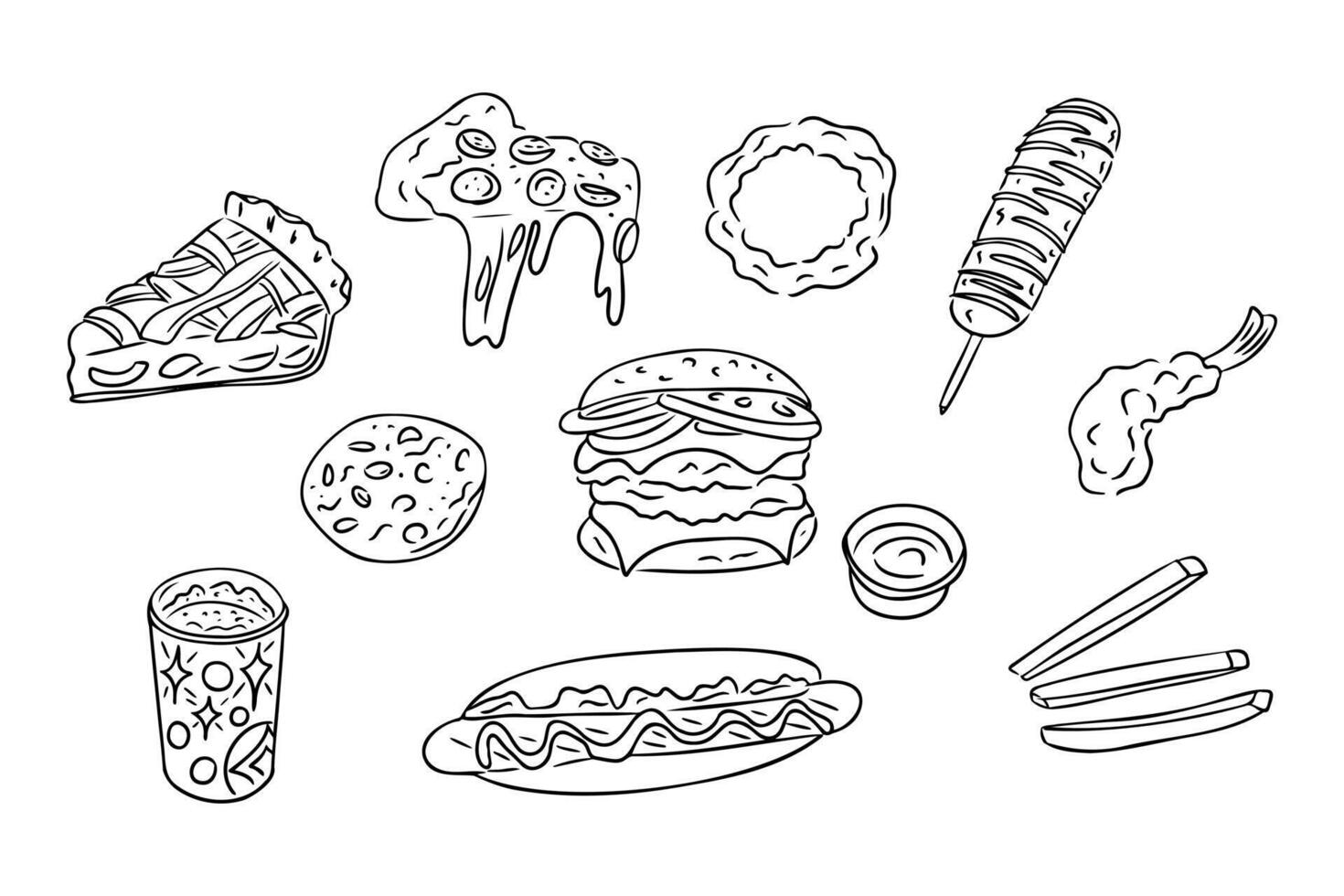 Collection of doodle illustrations of various American fast foods including pizza, burger, hot dog, fries, soda, and more vector