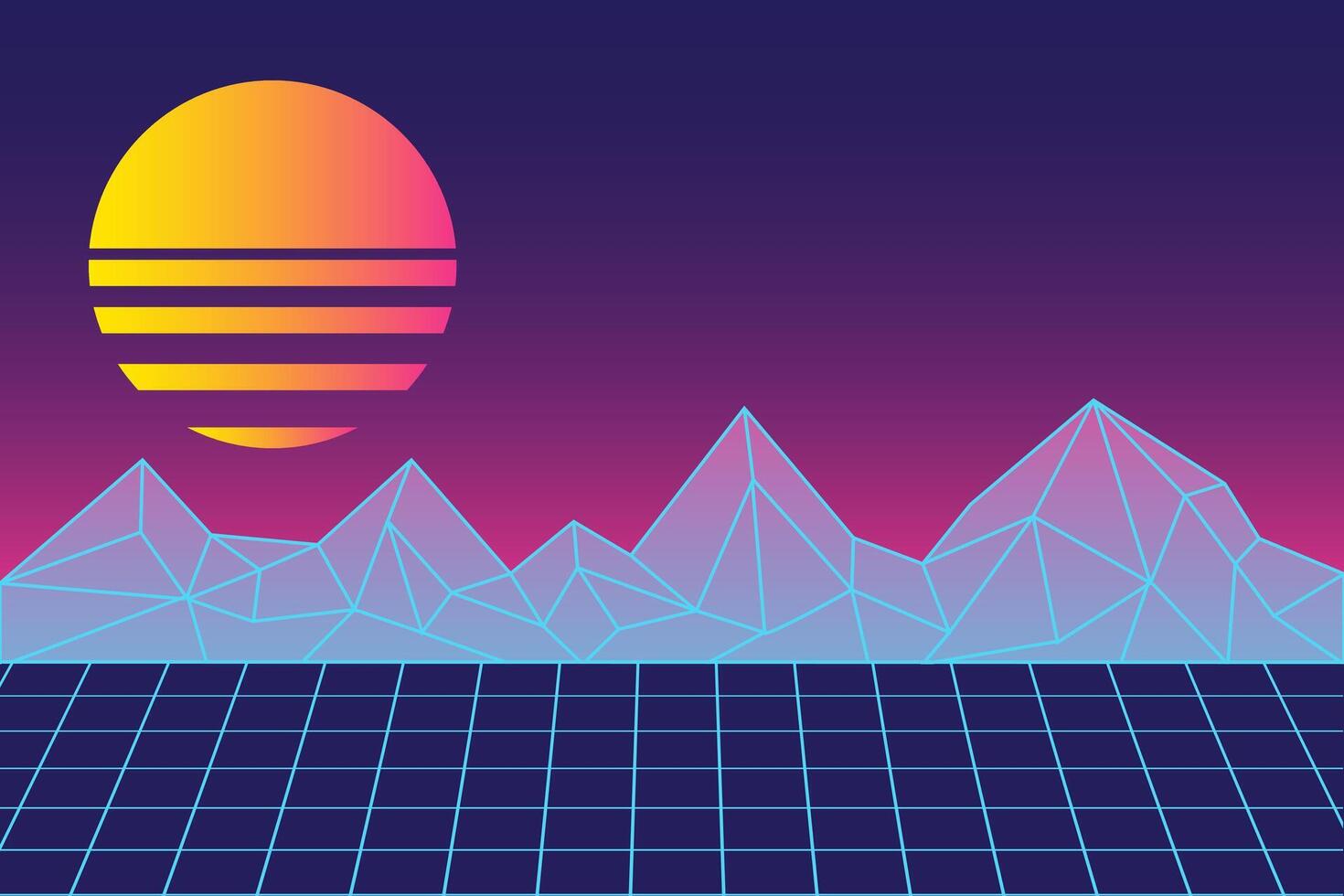Retro futuristic vaporwave landscape with neon grid, polygon mountains, and vibrant striped sun against a gradient sky. Nostalgia abstract poster with copy space. vector