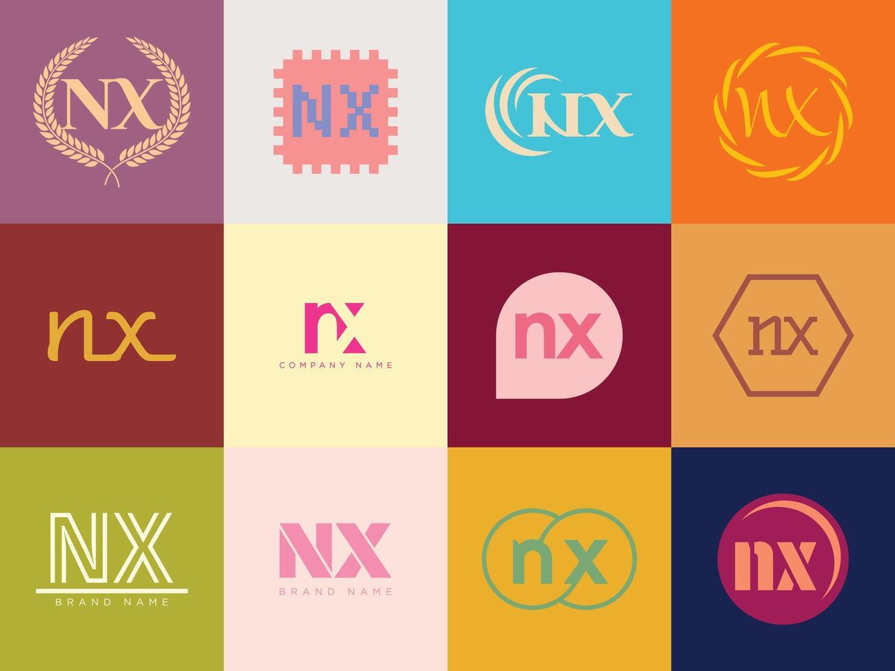 NX logo company template. Letter n and x logotype. Set different classic serif lettering and modern bold text with design elements. Initial font typography. vector