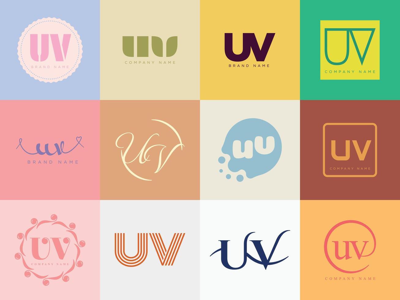 UV logo company template. Letter u and v logotype. Set different classic serif lettering and modern bold text with design elements. Initial font typography. vector