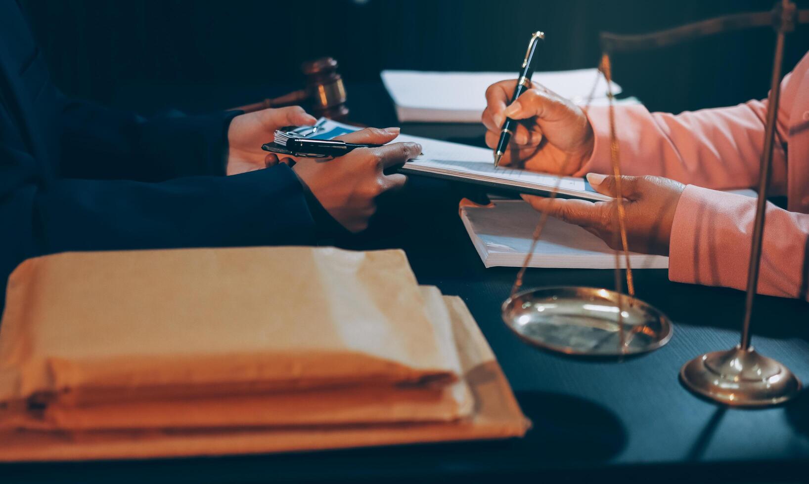 Judge gavel with Justice lawyers having team meeting at law firm background. Concepts of Law and Legal services. photo