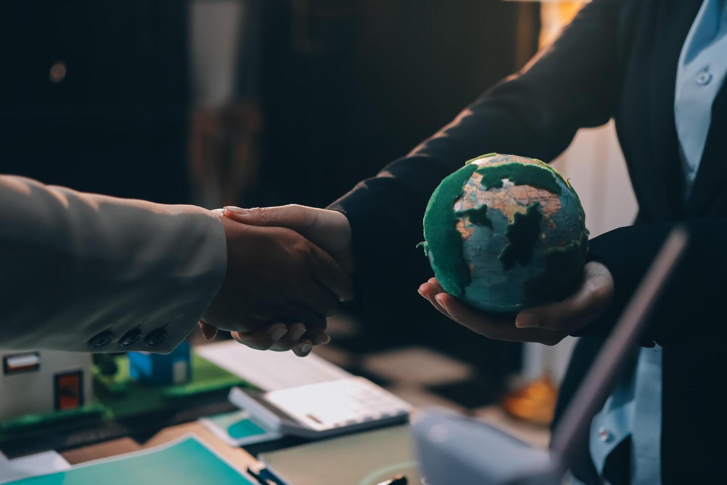 Carbon offset price report CO2 emission. Future growth Net zero waste in ESG ethical SME office protect climate change global warming social issues project. Group of asia people Eco friendly SDGs plan photo