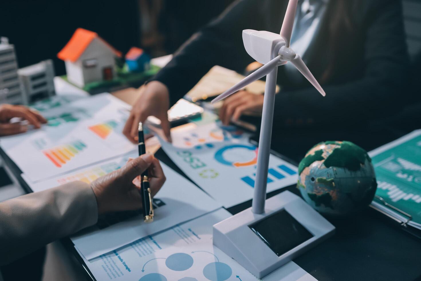 Carbon offset price report CO2 emission. Future growth Net zero waste in ESG ethical SME office protect climate change global warming social issues project. Group of asia people Eco friendly SDGs plan photo