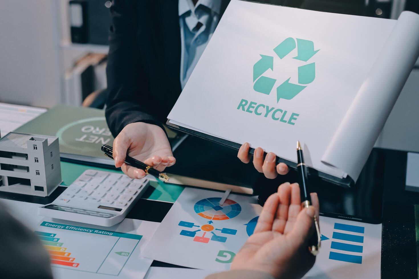 Carbon offset price report CO2 emission. Future growth Net zero waste in ESG ethical SME office protect climate change global warming social issues project. Group of asia people Eco friendly SDGs plan photo