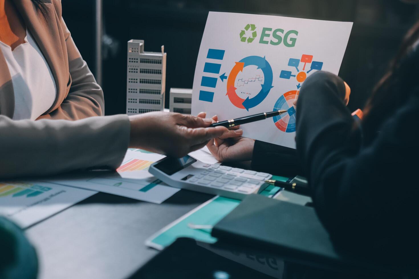 Carbon offset price report CO2 emission. Future growth Net zero waste in ESG ethical SME office protect climate change global warming social issues project. Group of asia people Eco friendly SDGs plan photo