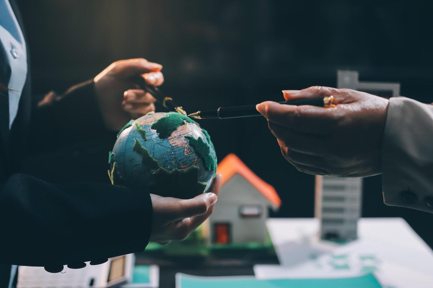 Carbon offset price report CO2 emission. Future growth Net zero waste in ESG ethical SME office protect climate change global warming social issues project. Group of asia people Eco friendly SDGs plan photo