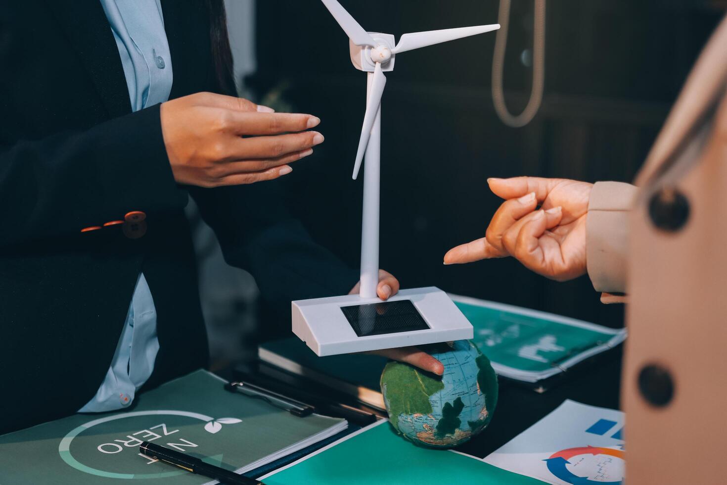 Carbon offset price report CO2 emission. Future growth Net zero waste in ESG ethical SME office protect climate change global warming social issues project. Group of asia people Eco friendly SDGs plan photo