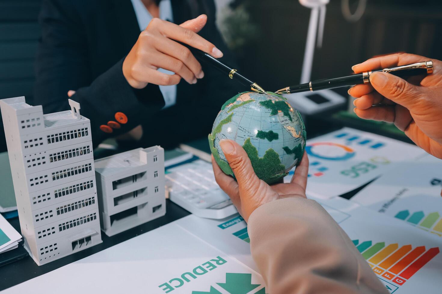 Carbon offset price report CO2 emission. Future growth Net zero waste in ESG ethical SME office protect climate change global warming social issues project. Group of asia people Eco friendly SDGs plan photo