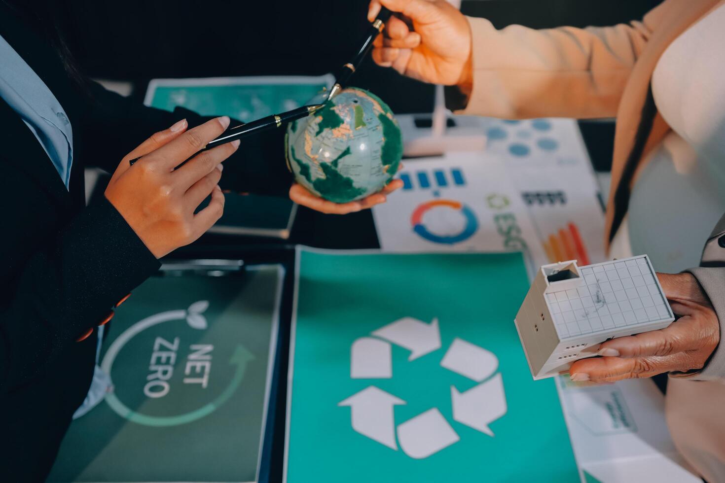 Carbon offset price report CO2 emission. Future growth Net zero waste in ESG ethical SME office protect climate change global warming social issues project. Group of asia people Eco friendly SDGs plan photo