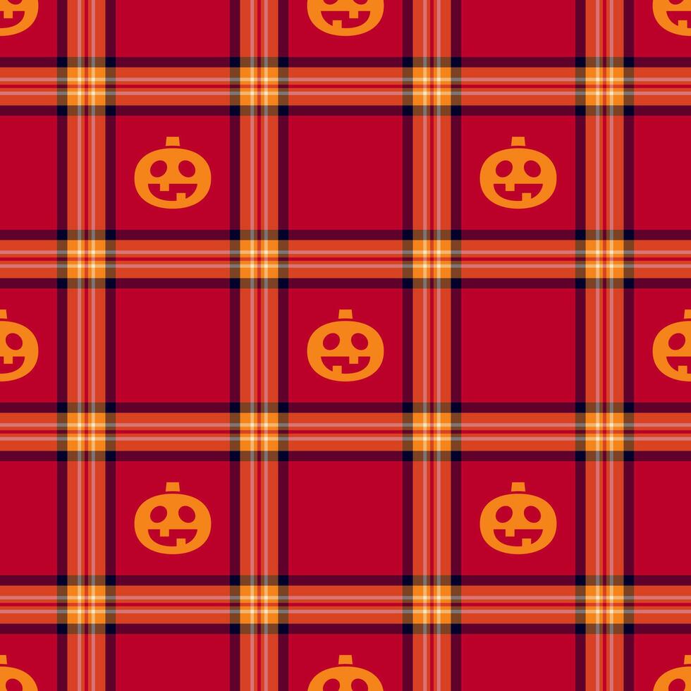 Halloween pattern with plaid stripes and pumpkins, spooky ghosts, and scary ornaments. Ideal for autumn background, textile, fabric, party decor, greeting cards, posters, or tiled wallpaper. vector