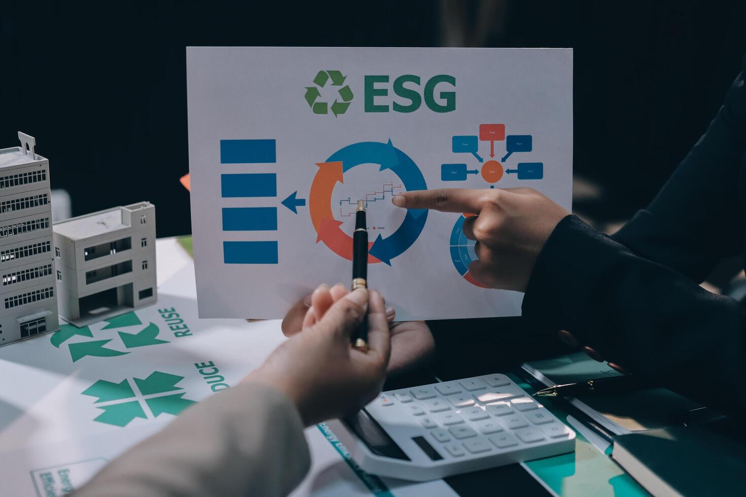 Carbon offset price report CO2 emission. Future growth Net zero waste in ESG ethical SME office protect climate change global warming social issues project. Group of asia people Eco friendly SDGs plan photo