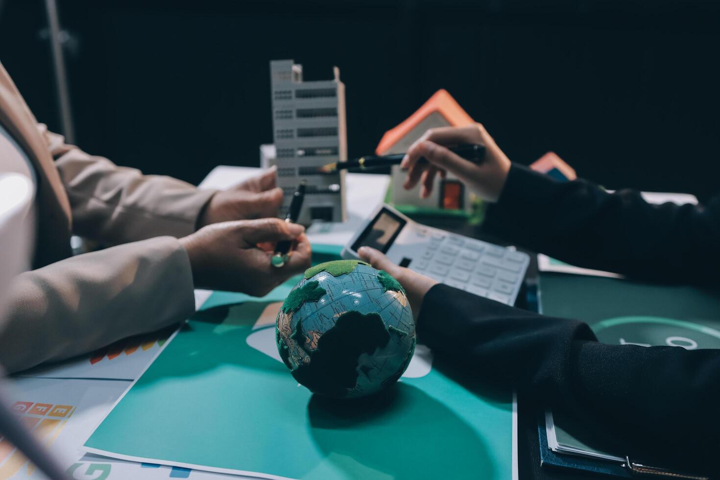 Carbon offset price report CO2 emission. Future growth Net zero waste in ESG ethical SME office protect climate change global warming social issues project. Group of asia people Eco friendly SDGs plan photo