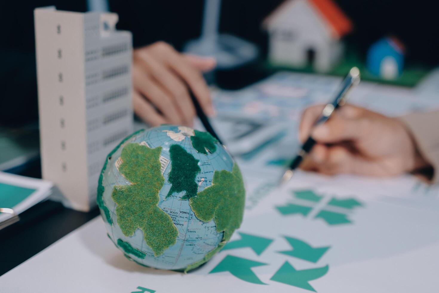 Carbon offset price report CO2 emission. Future growth Net zero waste in ESG ethical SME office protect climate change global warming social issues project. Group of asia people Eco friendly SDGs plan photo