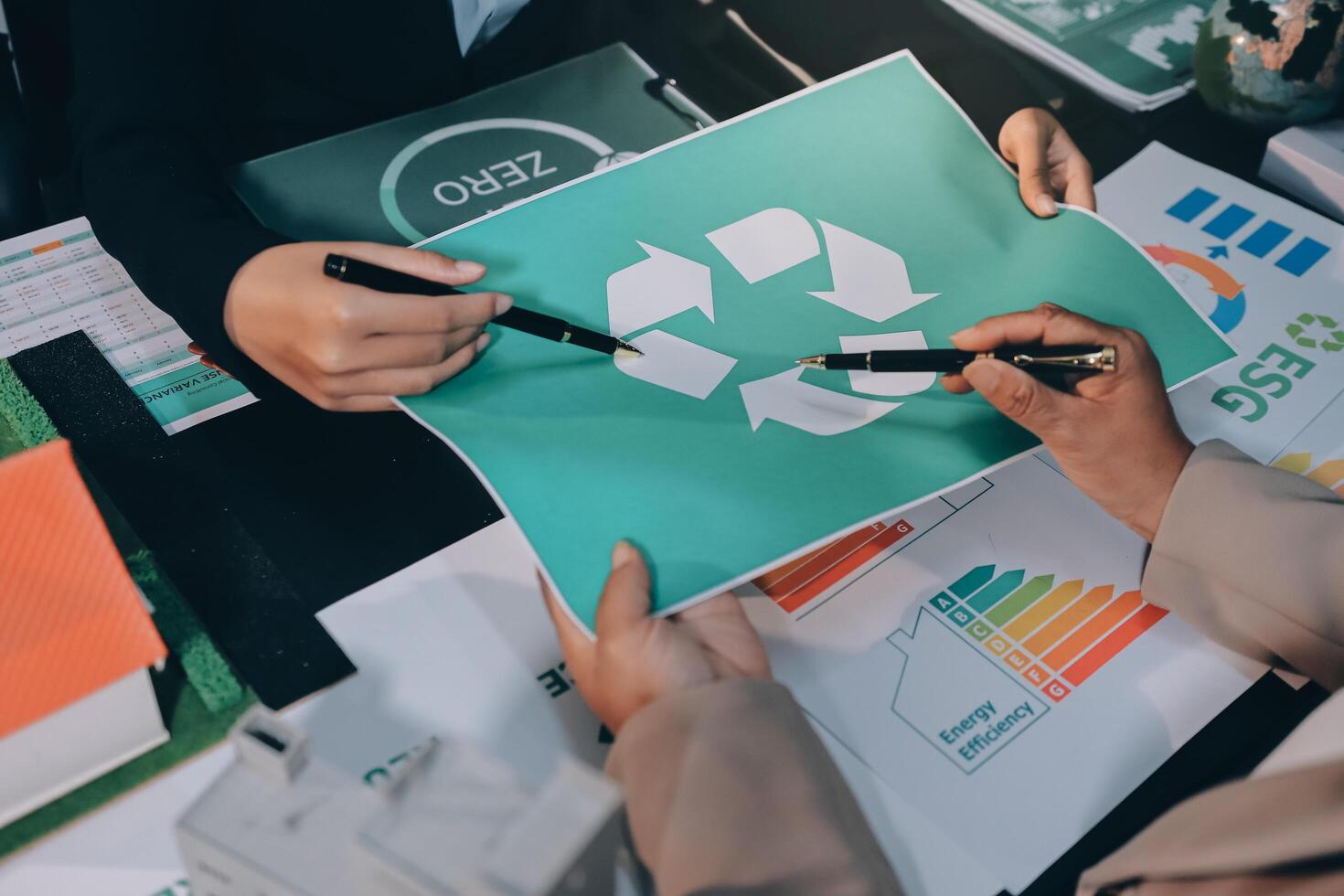 Carbon offset price report CO2 emission. Future growth Net zero waste in ESG ethical SME office protect climate change global warming social issues project. Group of asia people Eco friendly SDGs plan photo