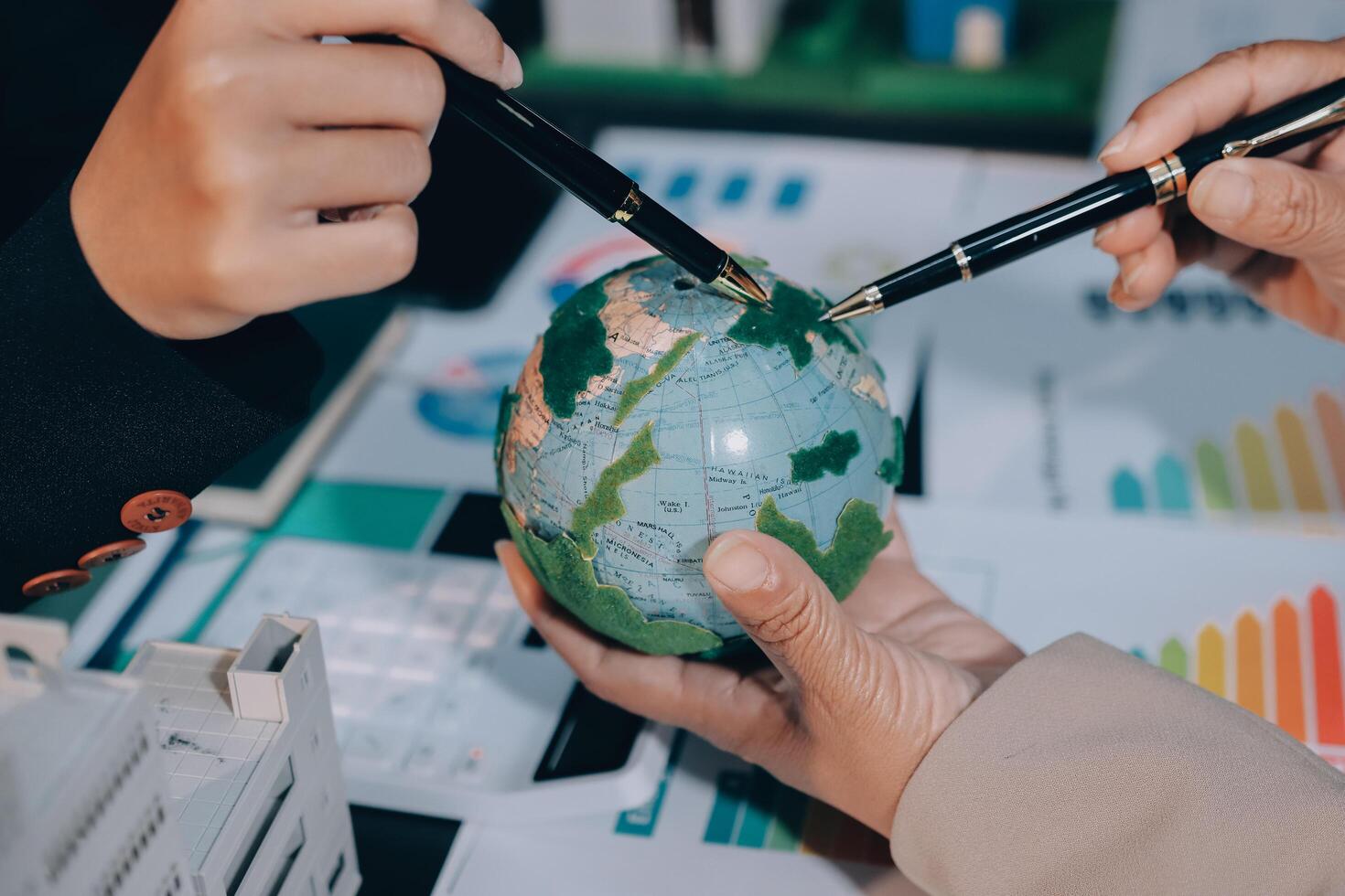Carbon offset price report CO2 emission. Future growth Net zero waste in ESG ethical SME office protect climate change global warming social issues project. Group of asia people Eco friendly SDGs plan photo
