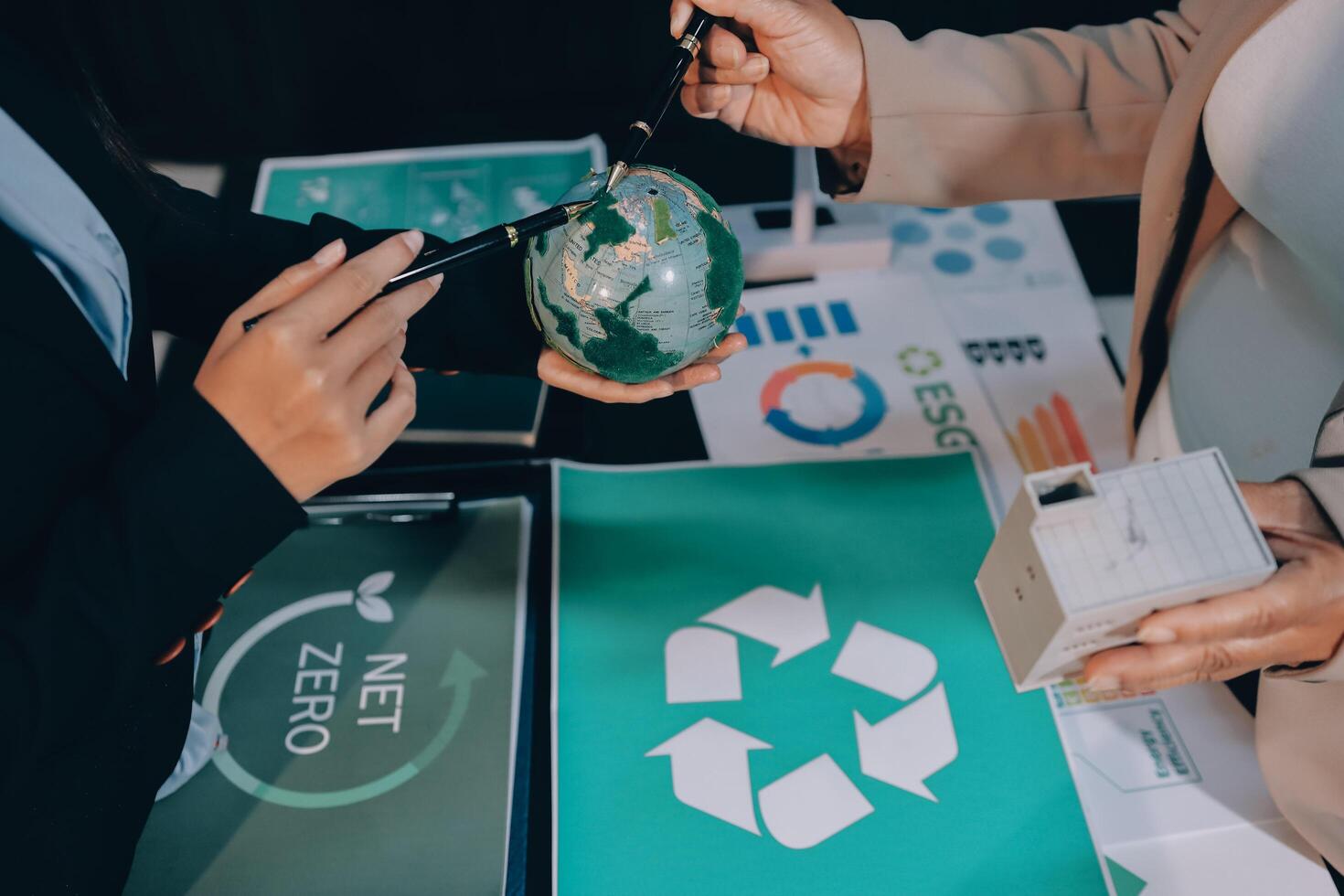 Carbon offset price report CO2 emission. Future growth Net zero waste in ESG ethical SME office protect climate change global warming social issues project. Group of asia people Eco friendly SDGs plan photo